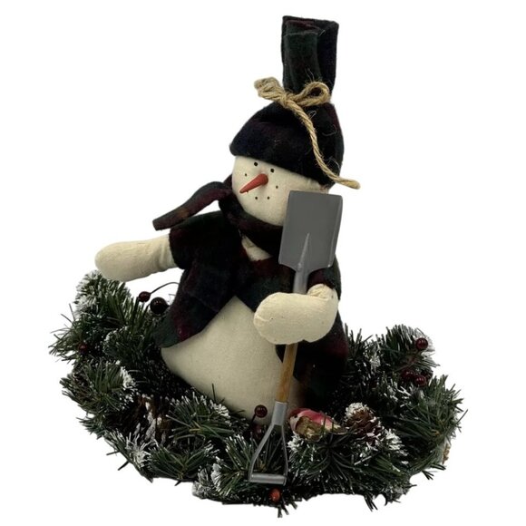 Christmas Snowman On Grass Sled Plush Doll With Shovel & Greenery Wreath Festive - Picture 4 of 7